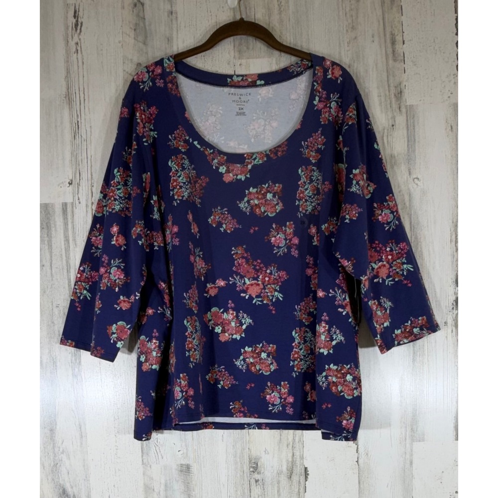Preswick & Moore Top Size 2X Blue Floral 3/4 Sleeve Scoop Neck Cotton Blend New